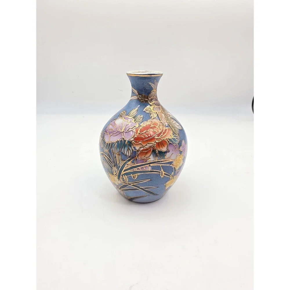 Tri Ever Hand Painted Porcelain Bud Vase Blue Floral Gold Gilt Small 5 Inch N3